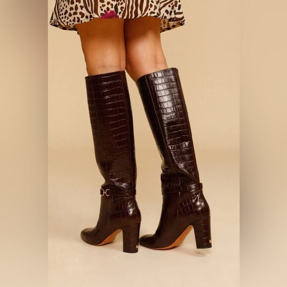 ROUJE PARIS Loana Croco Chocolat Heeled Riding Boots 37 - Picture 4 of 14